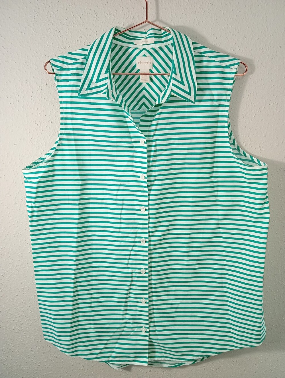 Chico's Green & White Striped Sleeveless Button-Down Shirt sz 3 XL 16